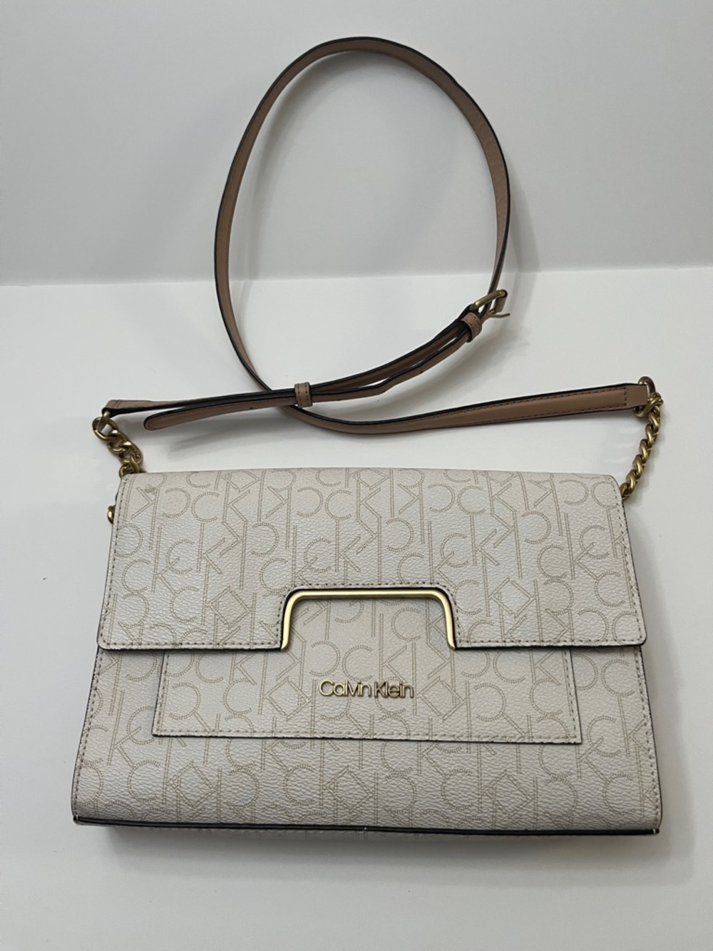 Calvin Klein Cream Logo Crossbody with Gold Hardware